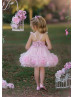 Pink Embroidered Lace Ombre Tulle Pompoms Flower Girl Dress